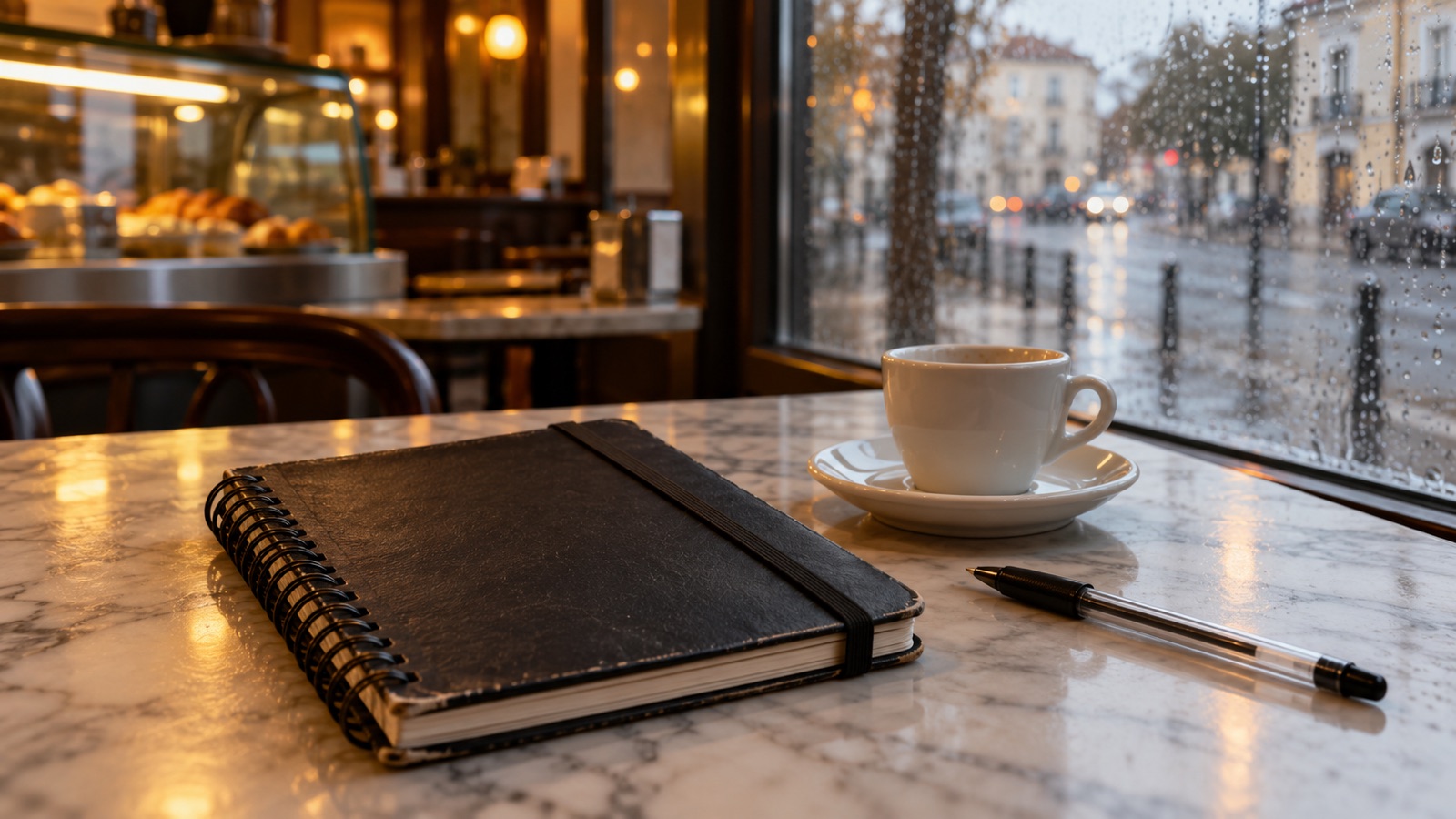 Caderno preto de argolas fechado com um elástico, pousado num balcão de mármore de café ao lado de uma chávena vazia e de uma caneta, com chuva a escorrer na montra