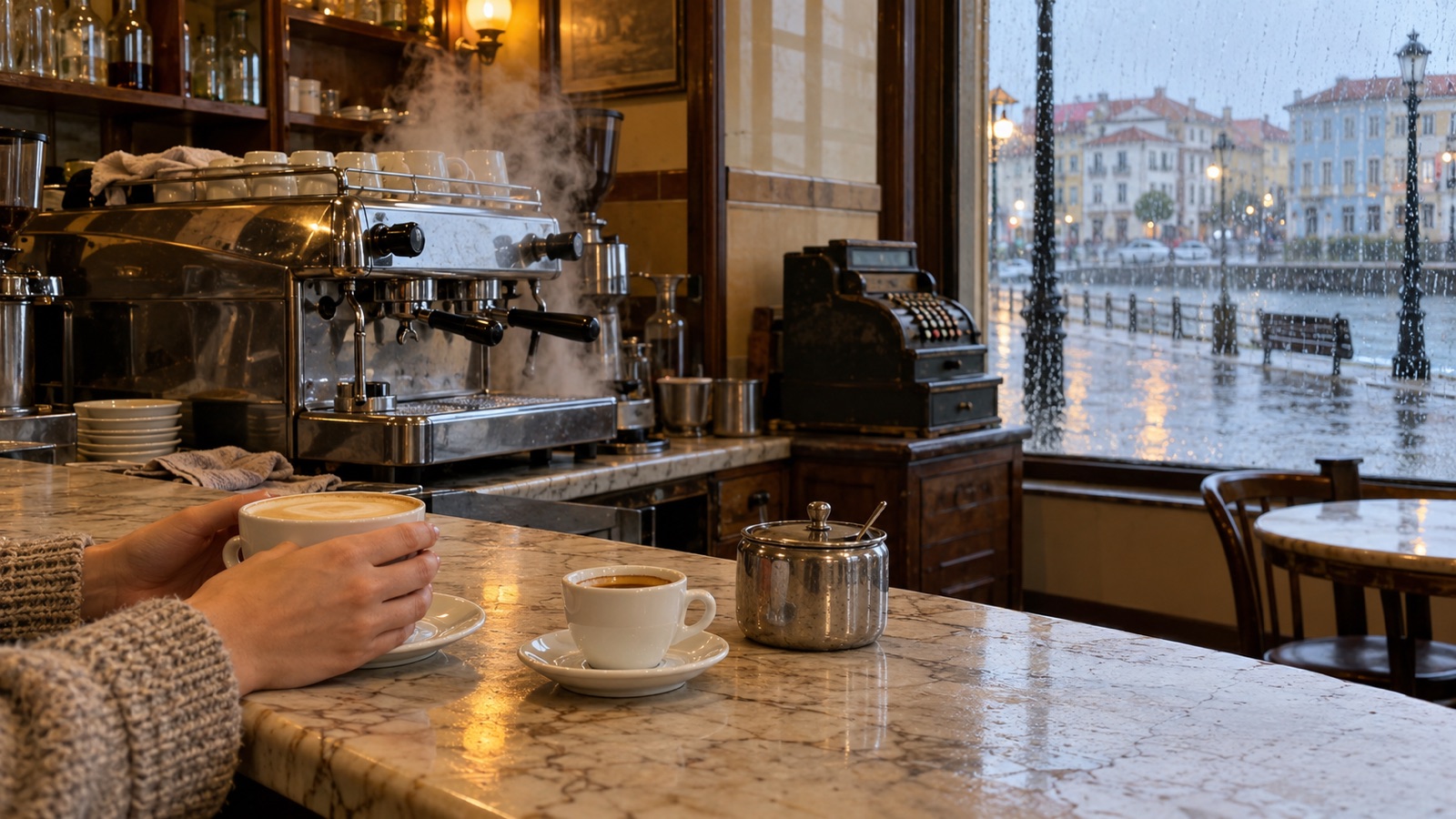 Balcão de mármore de um café de bairro em Aveiro de manhã, com a máquina de café a deitar vapor, duas chávenas e a chuva a escorrer na montra