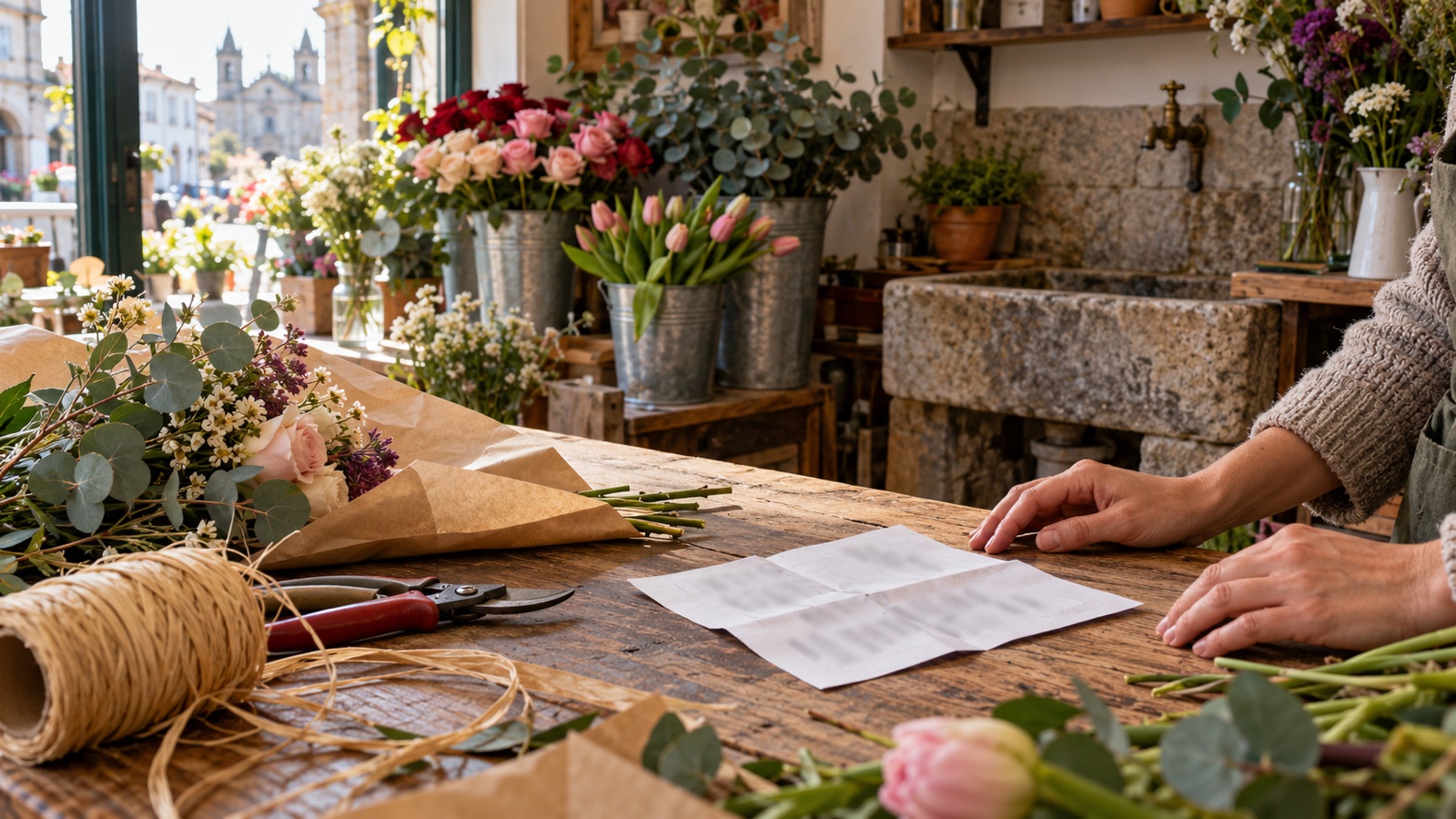 Balcão de uma florista de manhã, com baldes de flores e uma fatura da água aberta em cima do papel de embrulho
