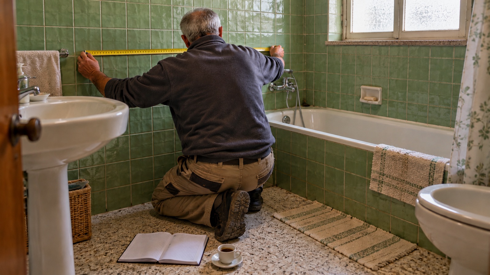 Homem de costas, de joelhos numa casa de banho antiga com azulejos verdes, a medir a parede com uma fita métrica, com a luz da manhã a entrar pela janela