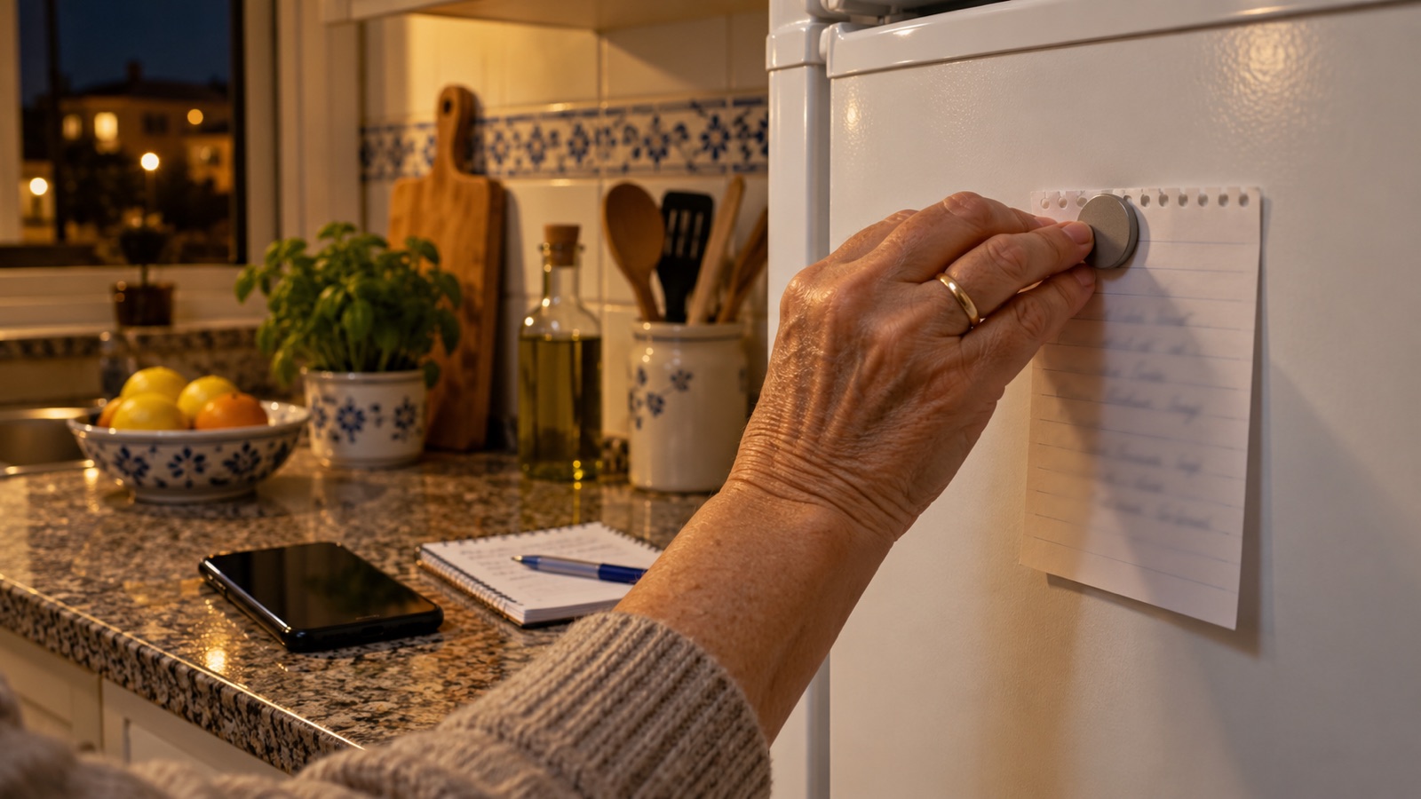 Mão de mulher a prender com um íman uma folha de bloco escrita à mão na porta de um frigorífico, com um telemóvel pousado na bancada ao lado
